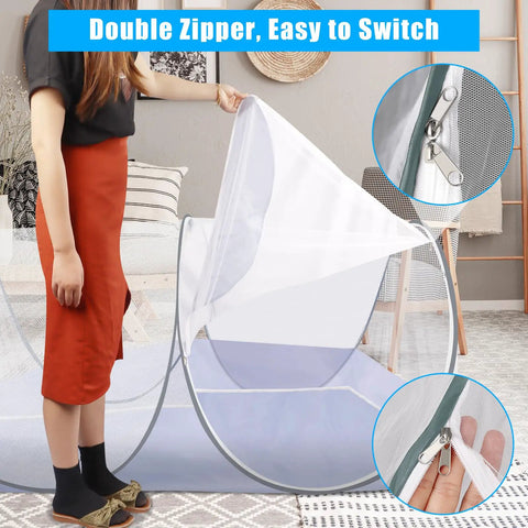 Extra Large Pop Up Mosquito Tent For Bed Camping And Travel Portable Foldable Net With Quick Setup shown with double zipper