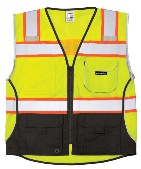 Mens High Visibility Reflective Safety Vest Premium Black Bottom Zipper Ansi Class 2 Construction Utility Workwear Lime Green Large with pockets and reflective tape.