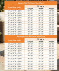 Chart listing square and rectangle fire pit cover sizes for various pit dimensions on patio furniture background