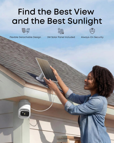 Person installing Four Camera Wireless Outdoor Security Kit With 360 Pan And Tilt Auto Tracking 2K Solar Powered Security Cameras