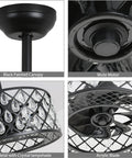 Bladeless Ceiling Fan With Crystal Cage Lights, Industrial Flush Mount Fandelier for bedroom with black canopy and acrylic blades.