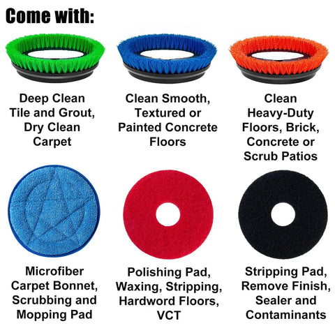 Three brushes and pads for Badass Heavy Duty 13 Inch Orbital Floor Scrubber Buffer Machine, each designed for specific cleaning tasks.