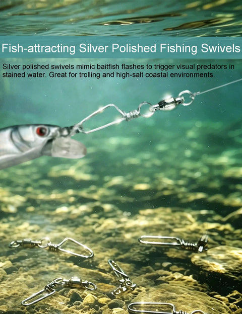 Ball Bearing Fishing Swivels Snaps 34 Piece Box Heavy Duty Saltwater Barrel Swivels Quick Change Lure Clips Tackle Set For Redfish And Striped Bass Prevent Line Twist And Knotting On Casting And Trolling Rigs, silver swivel in water