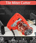 Heavy Duty Electric Tile Bevel Cutter With 43 Degree Chamfer Angle Rock Solid Aluminum Base Powerful 1200W Motor Wet Dust Free Cutting Setup Two Diamond Blades And Water Pump For Ceramic Porcelain Tiles, featuring 1200W motor.