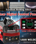 Multiprocess Beast 150A MIG Welder With Pulse Dual Voltage 110 And 220V showing digital control panel and welding effects