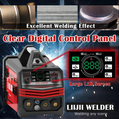 Multiprocess Beast 150A MIG Welder With Pulse Dual Voltage 110 And 220V showing digital control panel and welding effects