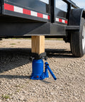 Heavy Duty Bottle Jack Adapter with jack plate stabilizing 4x4 wood post under trailer, pinch weld compatible, includes 4 hex star knob screws