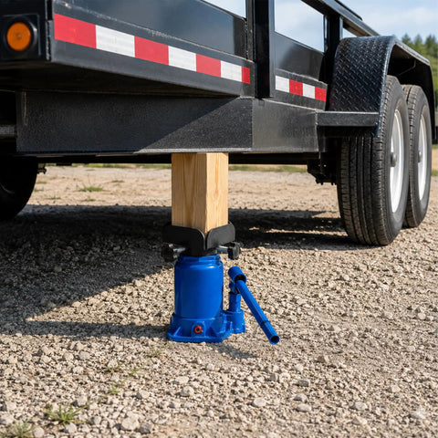 Heavy Duty Bottle Jack Adapter with jack plate stabilizing 4x4 wood post under trailer, pinch weld compatible, includes 4 hex star knob screws