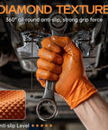 Super Heavy Duty Nitrile Work Gloves 8 Mil Thick Industrial Mechanics Disposable Badass Comfort With Rock Solid Diamond Grip For Auto Repair And Garage Maintenance Tasks X Large Box Of One Thousand worn while grasping a wrench.