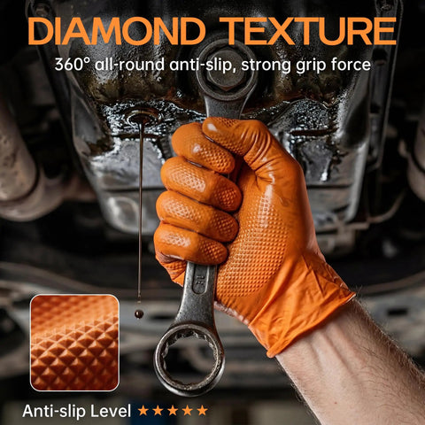 Super Heavy Duty Nitrile Work Gloves 8 Mil Thick Industrial Mechanics Disposable Badass Comfort With Rock Solid Diamond Grip For Auto Repair And Garage Maintenance Tasks X Large Box Of One Thousand worn while grasping a wrench.