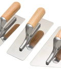 Pro Grade Stainless Steel Venetian Plaster Trowel Set 3 Piece Polished Finish With Beveled Edges, Wooden Handles, Top View