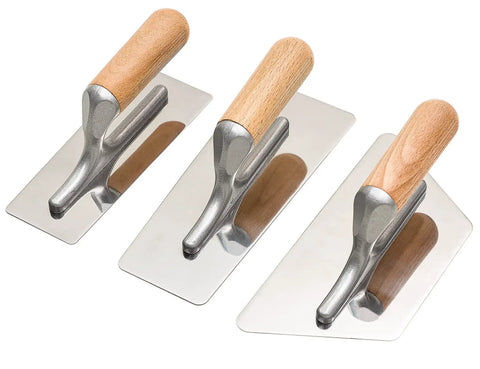 Pro Grade Stainless Steel Venetian Plaster Trowel Set 3 Piece Polished Finish With Beveled Edges, Wooden Handles, Top View