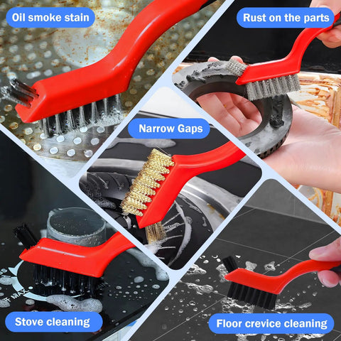 Wire Brush Set 3 Piece Stainless Steel Brass Nylon Brushes With Curved Handle For Rust Removal Dirt Paint Scrubbing Cleaning