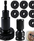 Wheel Hub Cleaning Tool And Resurfacing Kit with 7 Pads for Fast Rust Busting and DIY Ready showing black tool and pads.