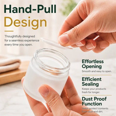 Hand pulling lid off a frosted glass jar from Score 16 Fresh 2 Oz Frosted Glass Sample Jars With Sleek Rose Gold Screw Caps.