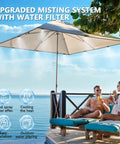 Outdoor Patio Misting System With Water Filter For Cool Down 33 Feet Line Nine Brass Nozzles Brass Adapter For Three Quarter Inch Fittings setup under umbrella by pool
