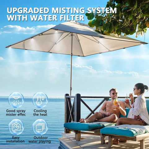 Outdoor Patio Misting System With Water Filter For Cool Down 33 Feet Line Nine Brass Nozzles Brass Adapter For Three Quarter Inch Fittings setup under umbrella by pool