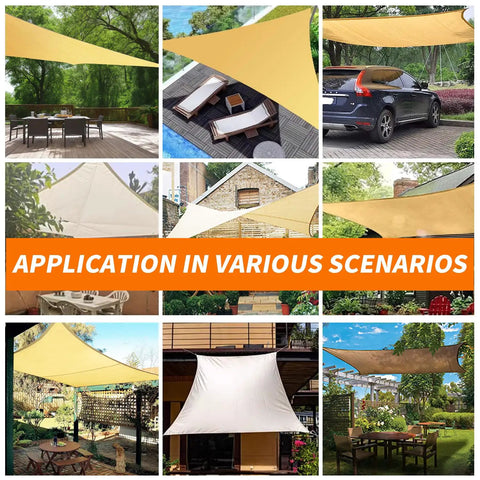Collage showing 16 By 20 Foot Rectangular Sun Sail Shade Canopy UV Block Outdoor Shade For Patio And Garden Backyard Pergola Cover Sand Color Weather Resistant Durable Material With Easy Install in different settings