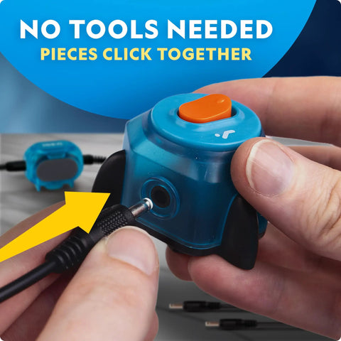 Hands connecting parts in Circuit Maker Kit for Kids With 120 Plus Projects, demonstrating no-tool assembly.