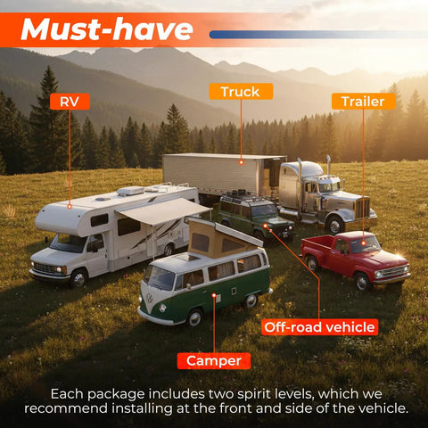 Two RV Camper Bubble Level Kit With Pretty Slick Color Coded Gauge And Quick Damping Fluid Vial Stick To Wall Or Surface Dead Center Accuracy Hit The Spot For Any Trailer Or Boat