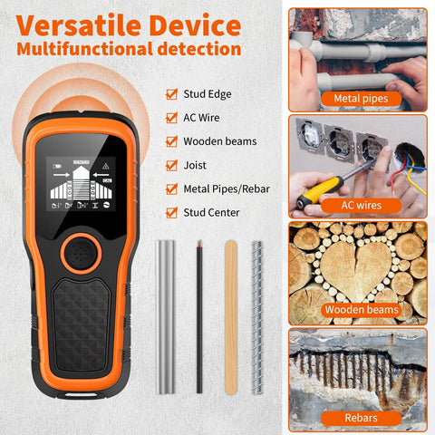 Advanced 5-In-1 Wall Scanner Stud Finder For Quick Dead-On Detection Of Wood Studs Metal Joists Pipes And Live Wires In Walls And Ceilings For DIYers And Pros Orange handheld scanner