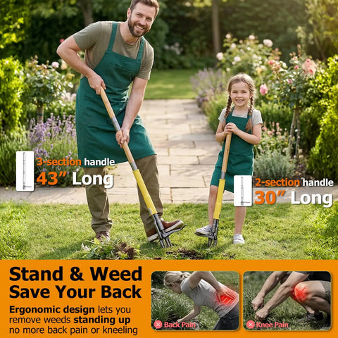 Adults and child using Stand Up Weed Puller With Slide Release Ejection For Clean No Touch Weeding In Lawn And Garden