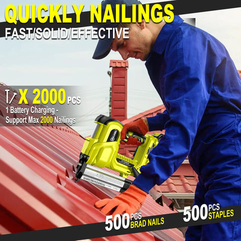 Rock Solid Heavy Duty 21V Cordless Brad Nailer With Two 2.0Ah Batteries And 1000 Fasteners, smooth shooting on roofing.