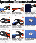 Step-by-step guide using 60-Set Snap Fastener Tool Kit With Heavy Duty Pliers for installation on leather and canvas.