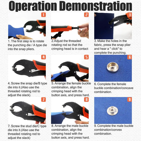 Step-by-step guide using 60-Set Snap Fastener Tool Kit With Heavy Duty Pliers for installation on leather and canvas.