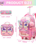 Pink butterfly rolling backpack for girls, front view with wheels and handle; includes lunch box and pencil case.