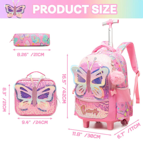 Pink butterfly rolling backpack for girls, front view with wheels and handle; includes lunch box and pencil case.