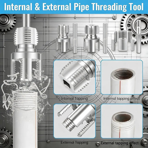 Internal & external pipe threading tools showcase for Premium 3-Piece Integrated PVC Pipe Threading Tool Set With Carbon Steel Build.