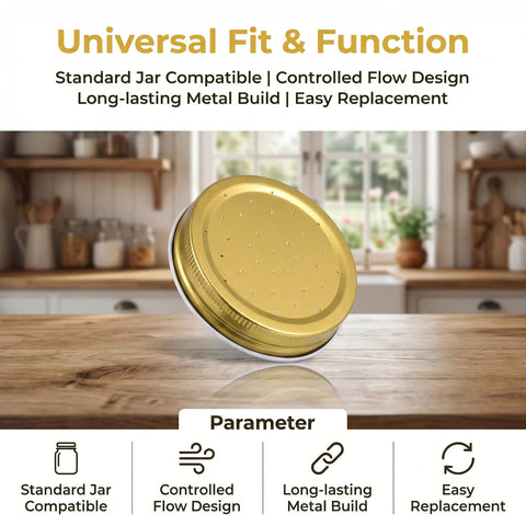 Eight Pack Mason Jar Bee Feeder Lids Made Of Metal For Sugar Water Feeding In Beekeeping on a wooden kitchen table