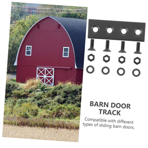 Sliding Barn Door Hardware Track Connector Kit With Metal Joint Plate In Black Finish shown with red barn backdrop.