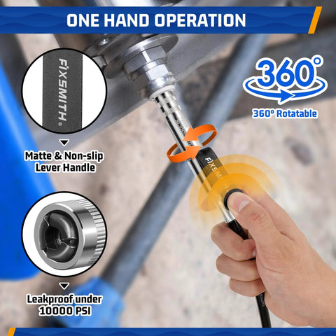 Close-up of FIXSMITH grease gun coupler with matte non-slip lever handle attached to a grease gun