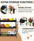 Heavy Duty Basketball Storage Rack With 3 Shelves And Rolling Wheels Beast Steel Stand for gym with hooks and side bat rack.