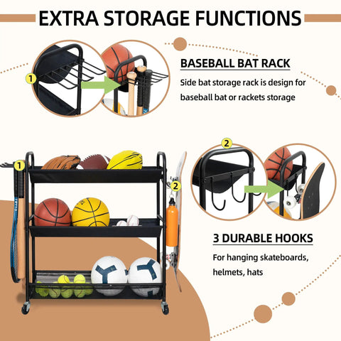 Heavy Duty Basketball Storage Rack With 3 Shelves And Rolling Wheels Beast Steel Stand for gym with hooks and side bat rack.