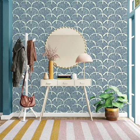 Room with Removable Peel And Stick Wallpaper With Blue Ginkgo Leaves On Off White Background Self Adhesive Wall Covering