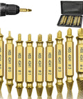 Nine Piece Damaged Screw Extractor Kit For Stripped And Broken Screws With HSS 4341 Titanium Coated Bits, sizes #0-#4 shown
