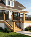 Hella Secure Aluminum Stair Railing Kit 2 Pack Includes Four Thirty Nine Inch Posts Measuring Thirty Six Inches High By Four Feet Wide With Heavy Duty Adjustable Brackets For Fast Deck And Concrete Setups on a wooden deck.