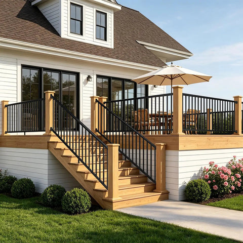 Hella Secure Aluminum Stair Railing Kit 2 Pack Includes Four Thirty Nine Inch Posts Measuring Thirty Six Inches High By Four Feet Wide With Heavy Duty Adjustable Brackets For Fast Deck And Concrete Setups on a wooden deck.
