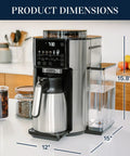 TrueBrew Drip Coffee Maker With Built-In Grinder And Bean Extract Technology in stainless steel, shown with carafe and control panel.