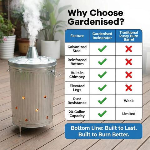 Beefy 20 Gallon Galvanized Steel Incinerator Can with lid and vent holes, comparison chart highlights advantages over burn barrel.