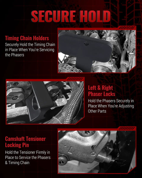 3.6L Pentastar Timing Tool Kit showing camshaft phaser locks and chain holders for Chrysler Dodge Jeep Ram vehicles.