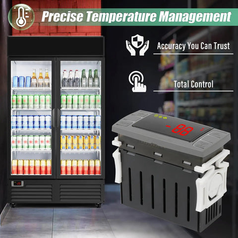 Digital Temperature Controller Replaces Dixell Xr06Cx For Commercial Freezers And Walk In Coolers 120 Volt AC Thermostat next to beverage cooler with cans.