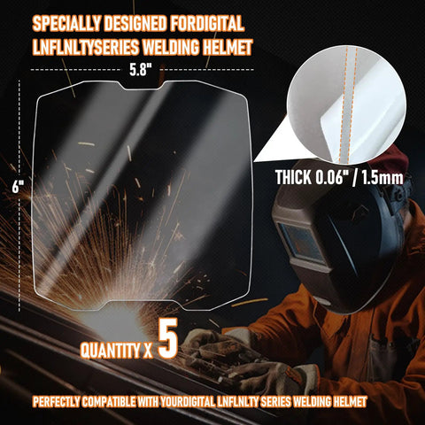 Five Pack OEM Grade Front Cover Lens for Digital Infinity Series Welding Helmet, dimensions 5.8" x 6", 1.5mm thick