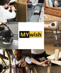 Collage of various DIY projects, including woodworking, bike repair, sewing machine, and electronics, with MYwish logo in center.