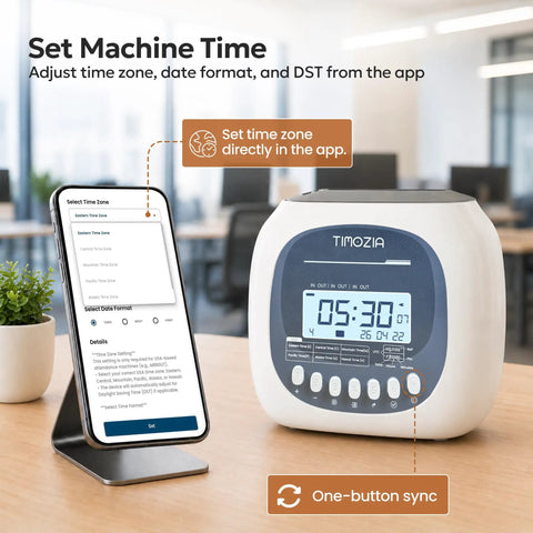 No Sweat Punch Card Time Clock For Employees And Small Business Crews Featuring Six US Time Zones Automatic Daylight Saving Sync plug and play showing clock display and mobile app connection.