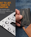 4 In 1 Pocket Multi Tool Card Stainless Steel Outdoor Survival Gear With Fork Bottle Opener in wallet and close-up detail