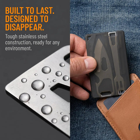 4 In 1 Pocket Multi Tool Card Stainless Steel Outdoor Survival Gear With Fork Bottle Opener in wallet and close-up detail